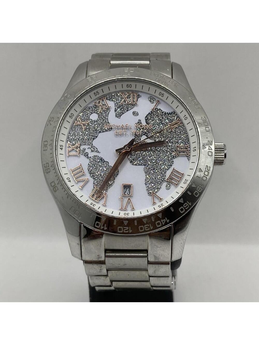 Women’s Michael Kors Layton World Map Watch 44mm MK5958 Silver Tone New Battery - Picture 2 of 9